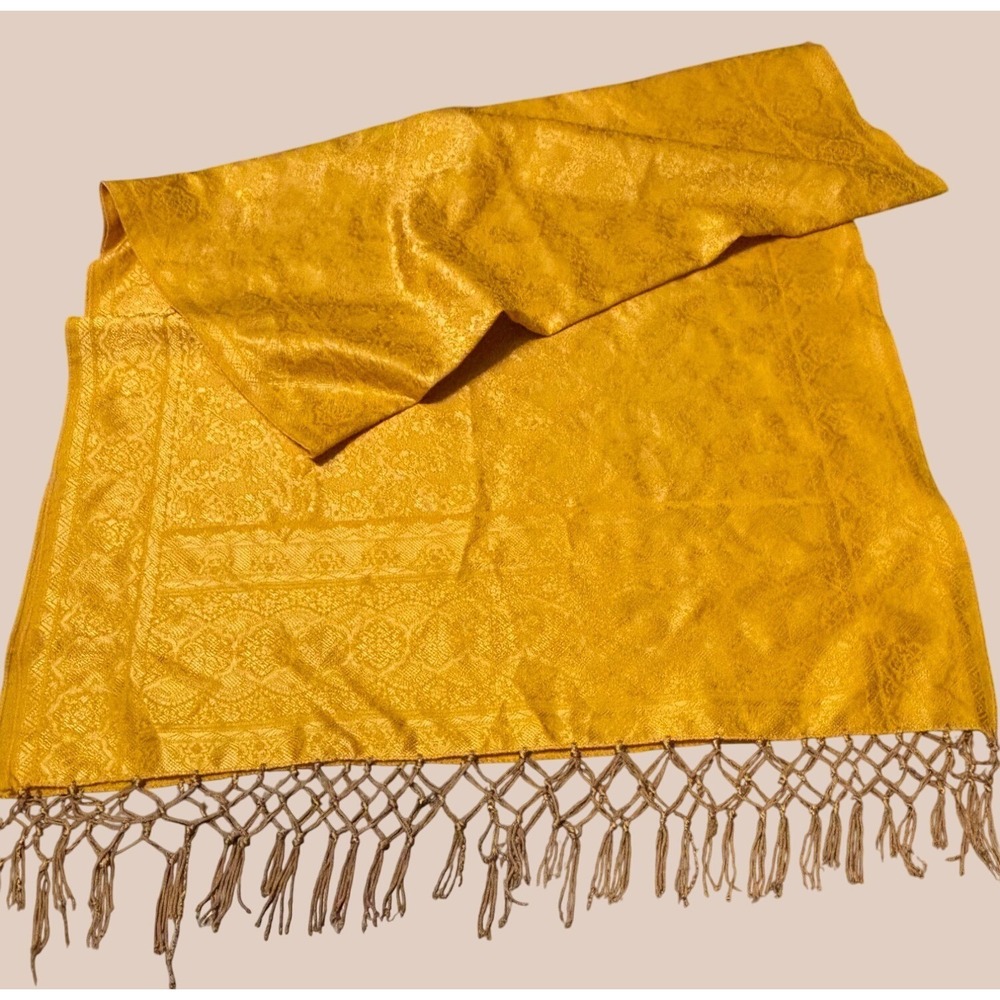 Vintage Gold Jacquard Scarf With‎ Fringe Tassels 22" X 60"